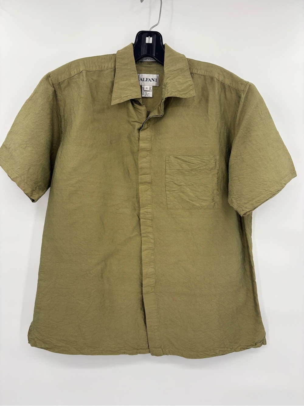 Alfani 100% Silk Olive Short Sleeve Button-Front Camp Shirt Size Medium